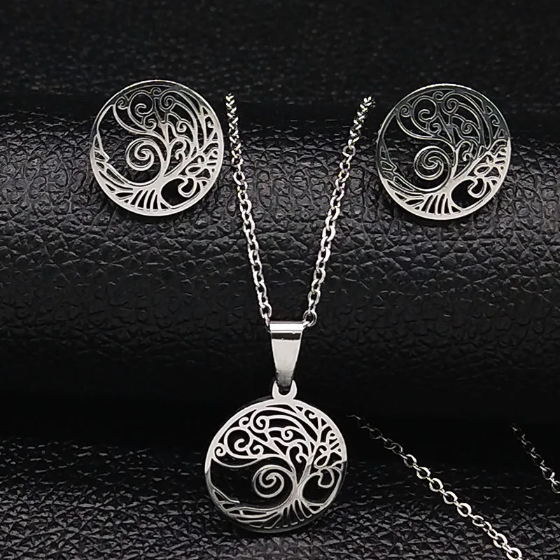 Stainless Steel Necklace Earrings Jewerly Set Women Gold Color Tree of Life Set Jewelry conjunto collar y pendientes N9176S03