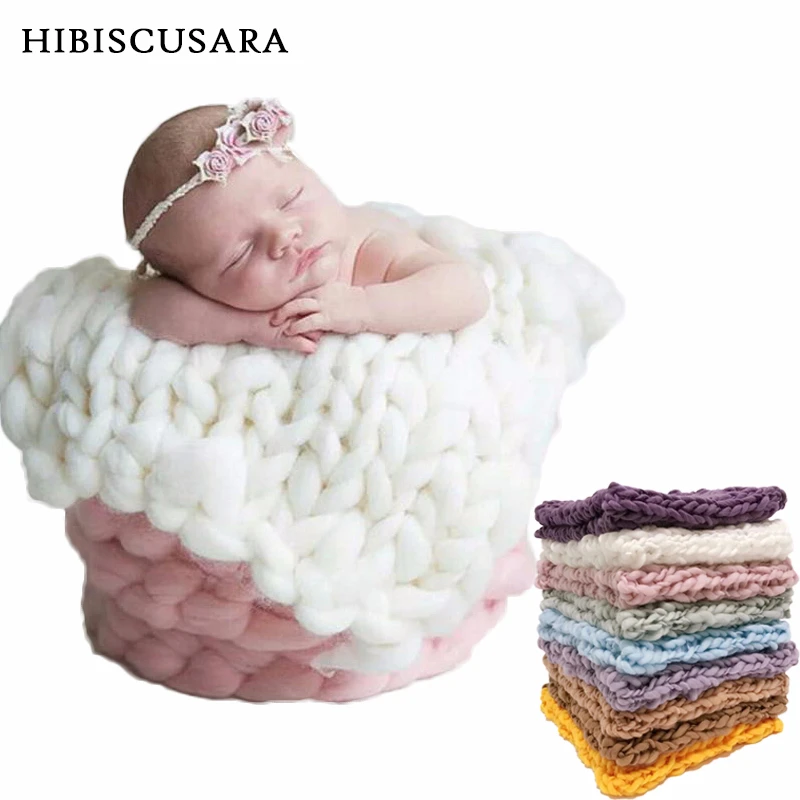 

Hand Knitted Crochet Blanket Mat Soft Material Baby Newborn Photography Blanket Basket Filler Wool Chunky Pictures Backdrop