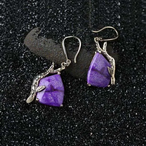 Natural Undressed ore precious Sugilite to Silver Fashion Women Earrings Jewelry Wedding