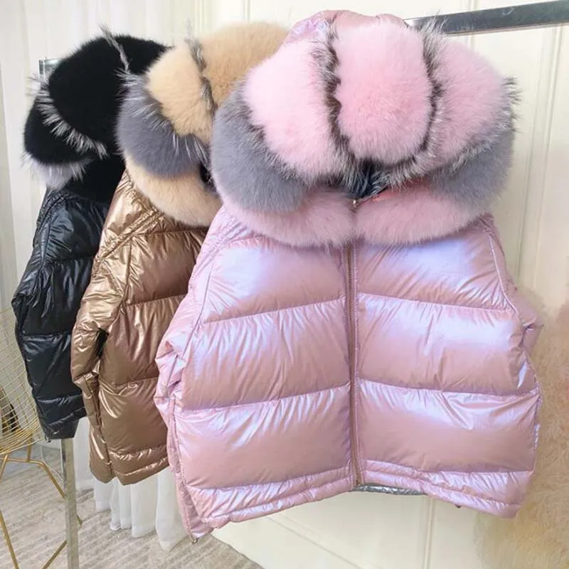 Women Winter Down Jacket Fox Fur Big Fur Collar Double-Sided Wearing Coat Sequins Silver Short Thick Duck Down Coat Parka