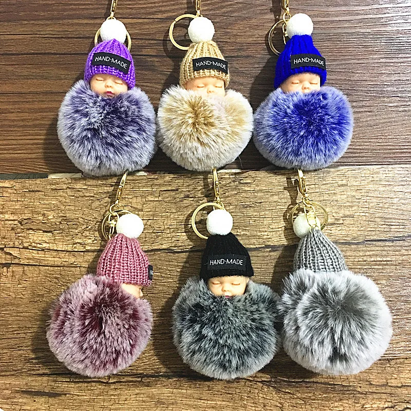 Fashion Sleeping Baby Doll Keychain Women Fluffy Pompom Key chain llaveros pom pom keyring Key Holder Bag Chaveiro Pompon Porte