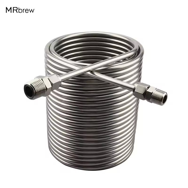 Chladicí spirála o délce 20 m, dvouvrstvý chladič mladiny na pivo, nerezová ocel potravinářské kvality 304, s konektory 3/8'' a 1/2"
