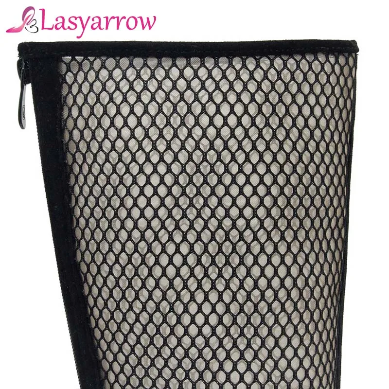 Lasyarrow Sexy Woman Sandals 2018 New Fashion Thick Chunky Heels Knee High Boots Suede Net Breathable Women Shoes Black Zipper