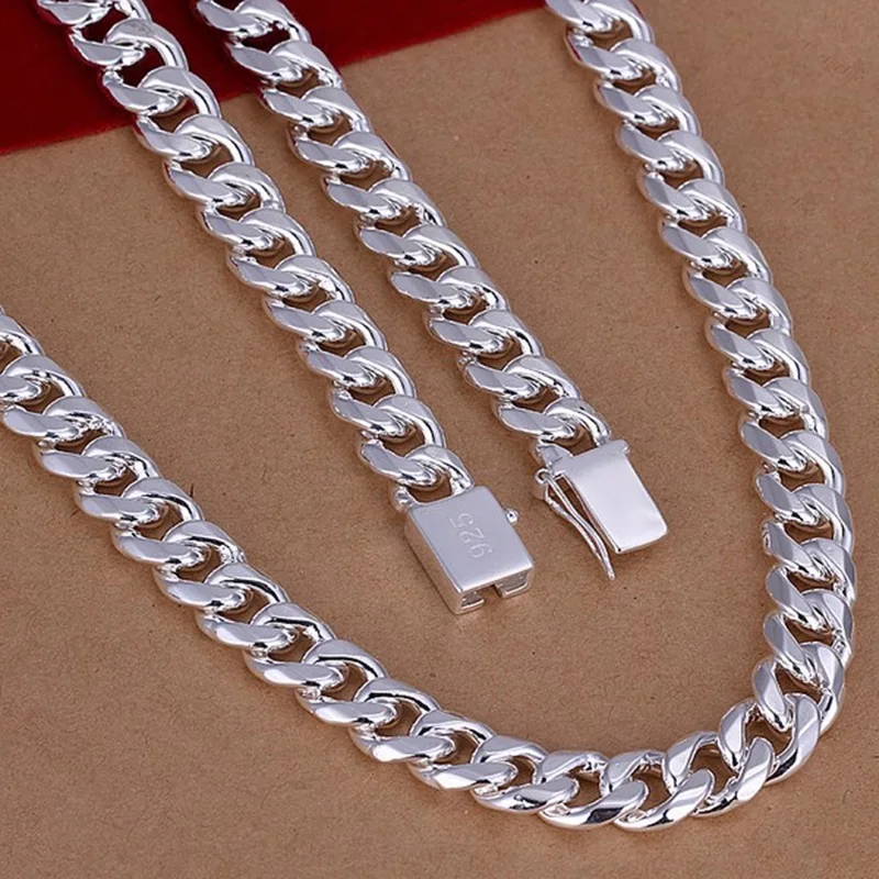 

OMHXZJ Wholesale European Man Party Wedding Gift Wide Silver color Alloy precious metal 925 Sign logo Chain Necklace NA187