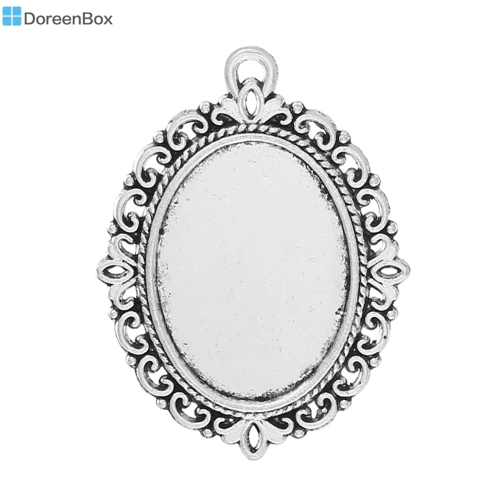 Doreen Box Lovely 10 Silver Color Oval Flower Frame Beads Settings 39x29mm (B07117)