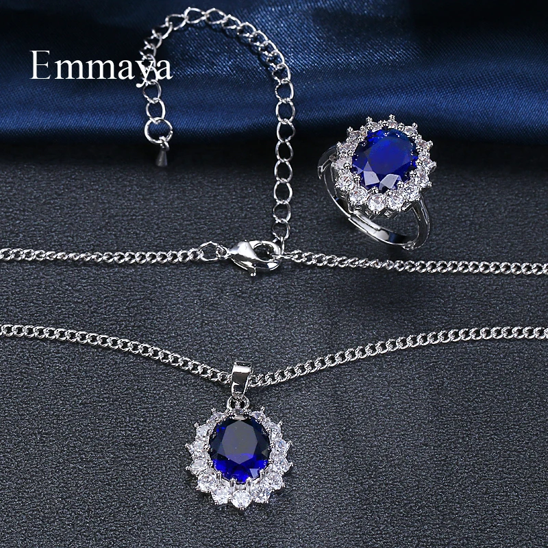 Emmaya Jewelry Set For Women Bridal Wedding Blue Austrian Crystal Necklaces Adjustable Ring Set Gift Wedding