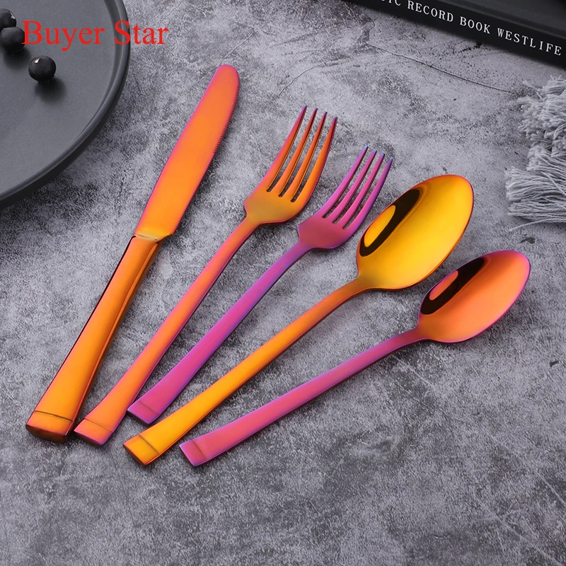 5-40PCS Stainless Steel Flatware Set Square Edge Service for Knife Fork Spoon Salad Fork Dessert Spoon Dinnerware Tableware