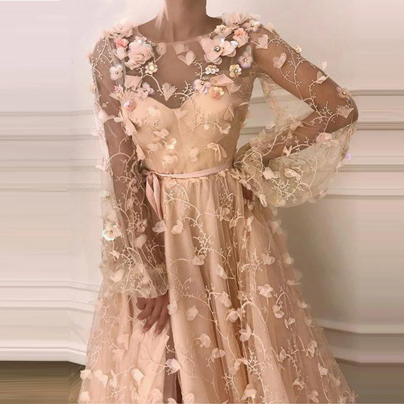 2021 Long Sleeves Elegant Evening Dresses Long Tulle with Appliques Party Gowns Robe De Soiree Prom Dress Elegant فساتين السهرة