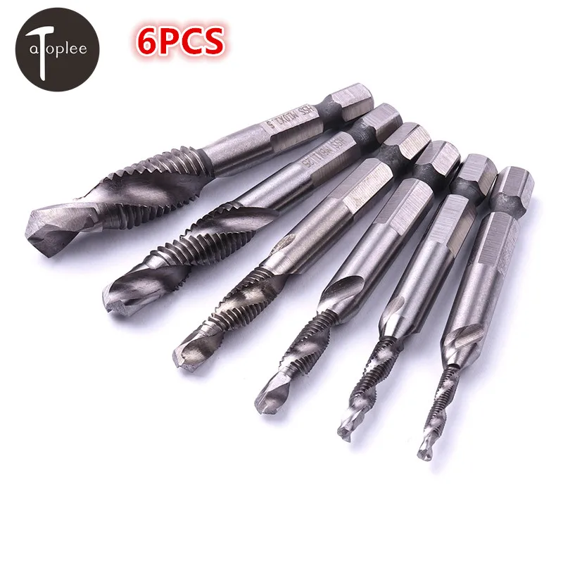 Atoplee 6 PCS HSS Hex Shank Drill Bit Screw Tap M3,M4,M5,M6,M8,M10 Metric Tapping Metal Drilling Tools