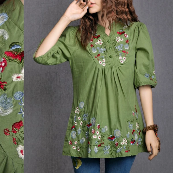 Summer Vintage 70s Peasant Mexican Ethnic Floral Embroidered Short Sleeve Boho Hippie Dress Clothing Vestidos 3 colors