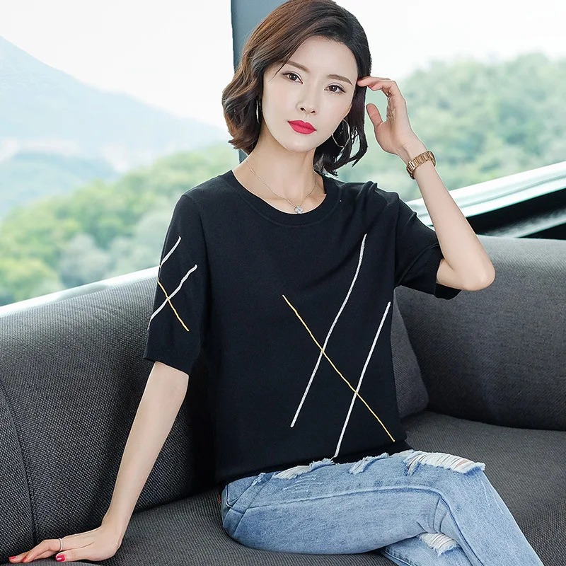 

Women's Short Sleeve Striped T-shirt Spring Summer Korean Thin Top Female Round Collar Ice Hemp Plus Size T-shirts Clothes H9231