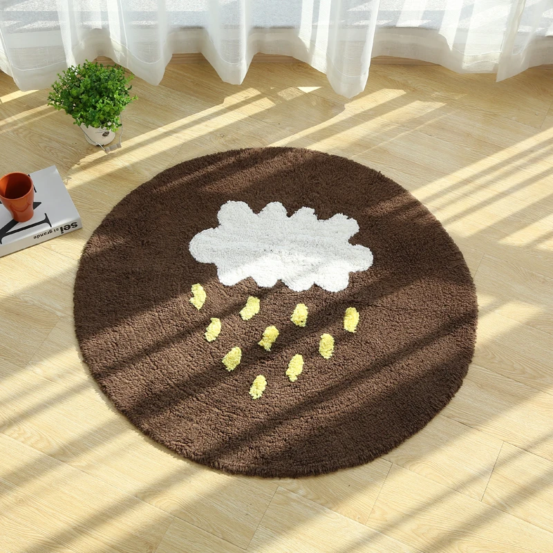 PAYSOTA-Pure Cotton Soft Round Carpet for Children, Cartoon Cloud, Rain, Creeping, Anti-slip Mat