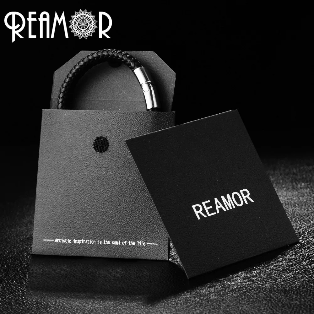 REAMOR Double Braided Leather 316l Stainless Steel Charm Male Bracelets Spades Skull Head Bangle Punk Wristband Men's Jewelry