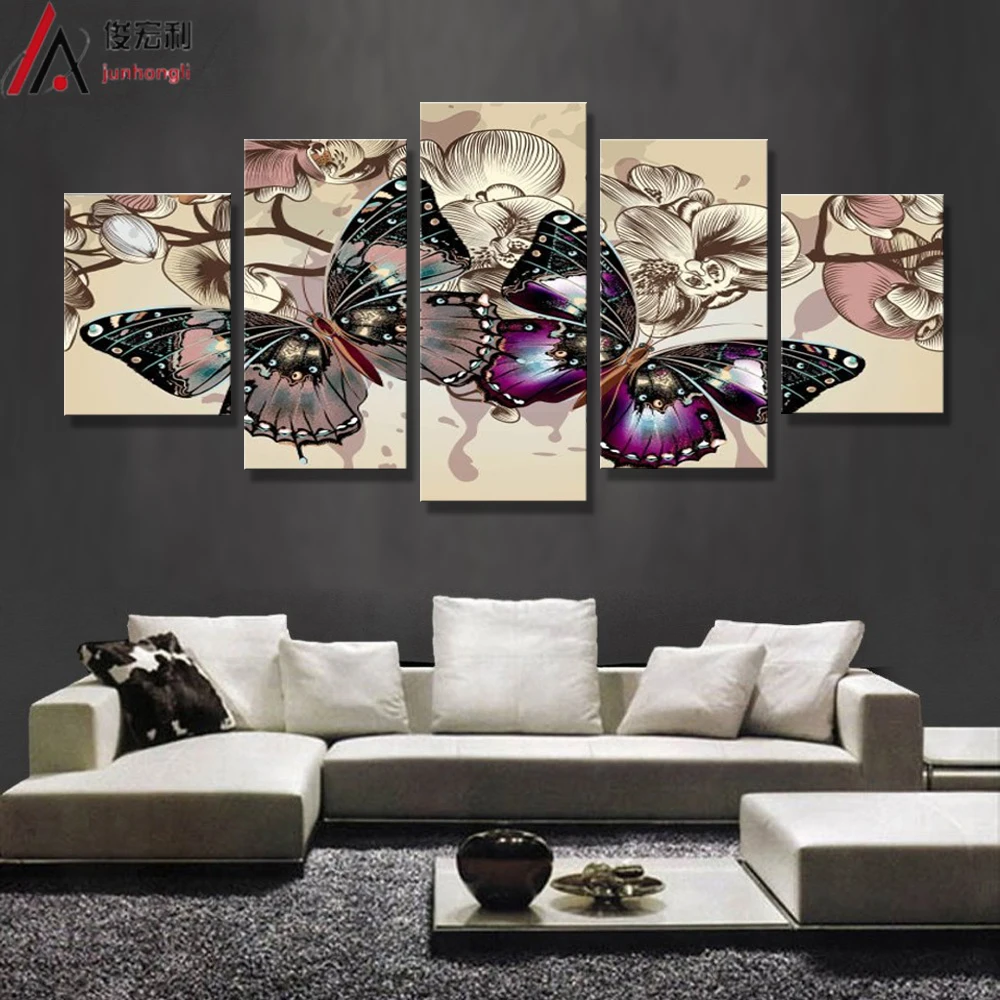 5 pcs. / pieces. butterfly wall art pictures for the decoration of the house the abstract painting on canvas the fresh red flowe