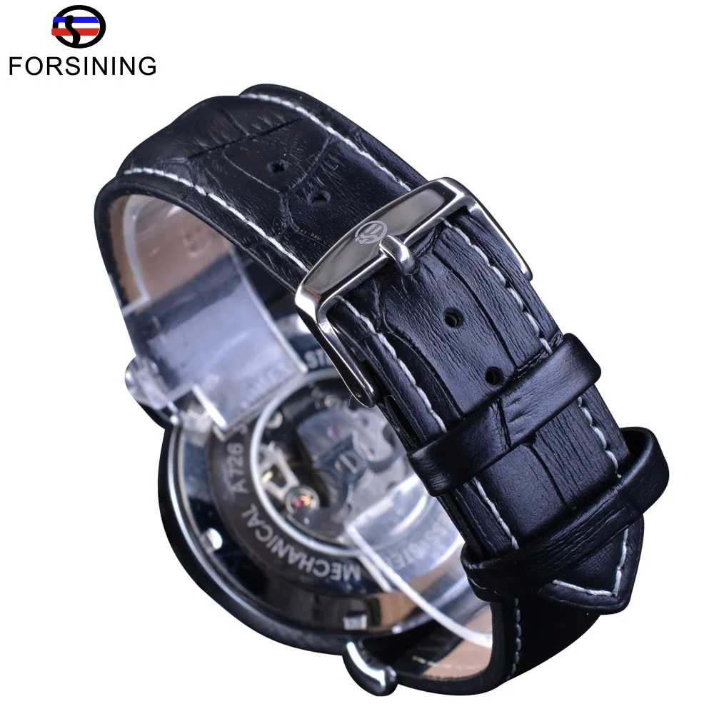 Forsining Silver Black Fashion Skeleton Design Leather Casual Transparent Steampunk Mens Automatic Wrist Watch Top Brand Luxury