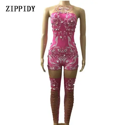 Fashion Sexy Sparkly Rhinestones Pink Jumpsuit Birthday Celebrate Costume Female Singer Bodysuit Performance Dance Wear