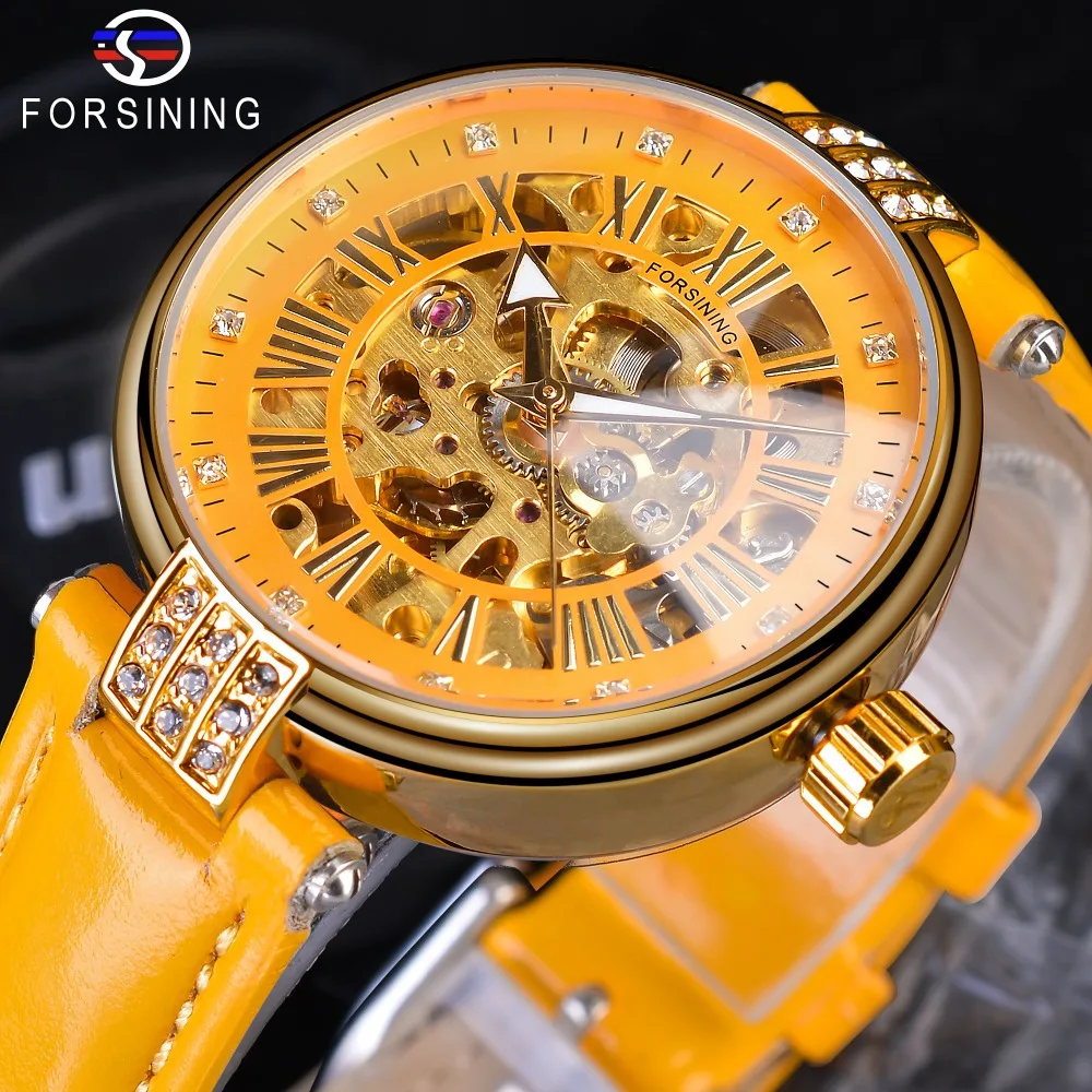 Forsining Giallo Genuino Della Cinghia di Cuoio Oro Movimento del Cambio Delle Signore Del Diamante Delle Donne di Scheletro di Lavoro Aperto di