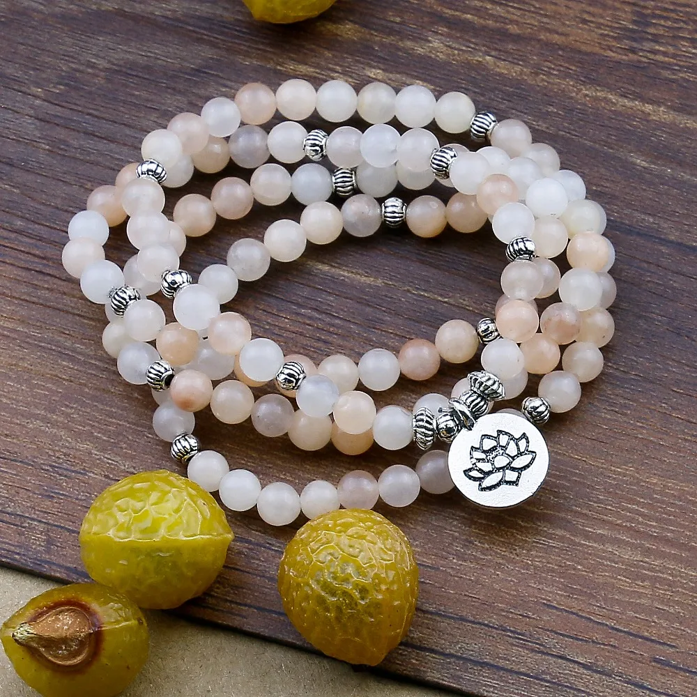 6mm 108 Prayer Beads Mala Bracelet Pink Aventurine Wrapped Wrists Lotus Charm Bracelet for Unisex Buddha Yoga Jewelry