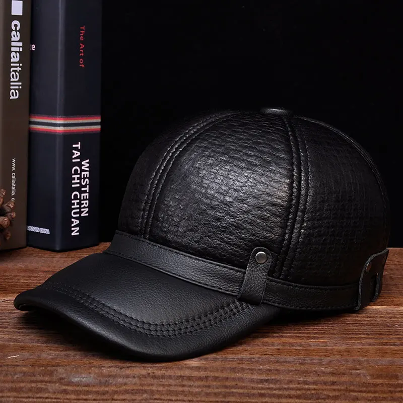 HL070 Aorice Winter Warm Russian Real Leather Black Caps Men\'s Hats