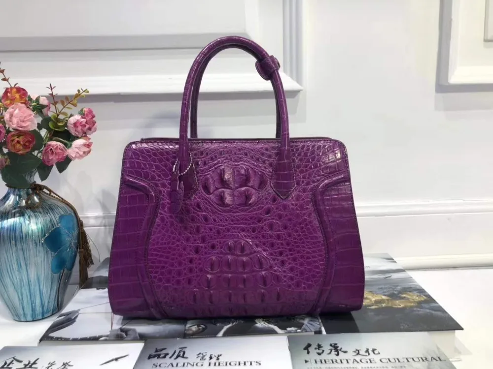 100% top quality genuine crocodile head skin leather women tote handbag medium size lady top handle daily tote bag green color
