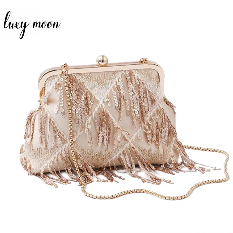 Elegant Champagne Lady Shoulder Bag Fashion Sequined Tassel Women Clutch Bag Female Metal Chain Handbag Party Purse ZD1196