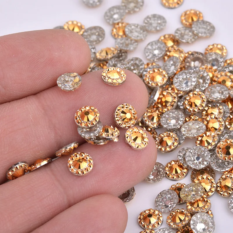 JUNAO 4 5 6 mm Colore oro Fiori rotondi Strass Flatback Resina Cristalli per unghie Pietre Non cucito Strass Perline per artigianato per unghie