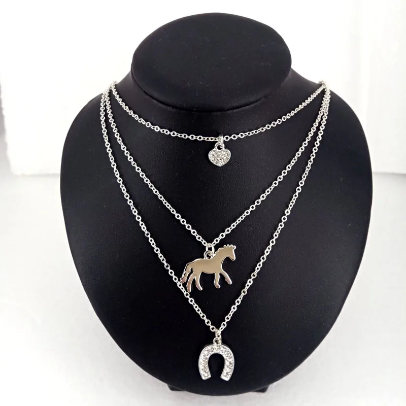 hzew 3 Layers horse necklace heart  horse  Horseshoe pendant necklaces