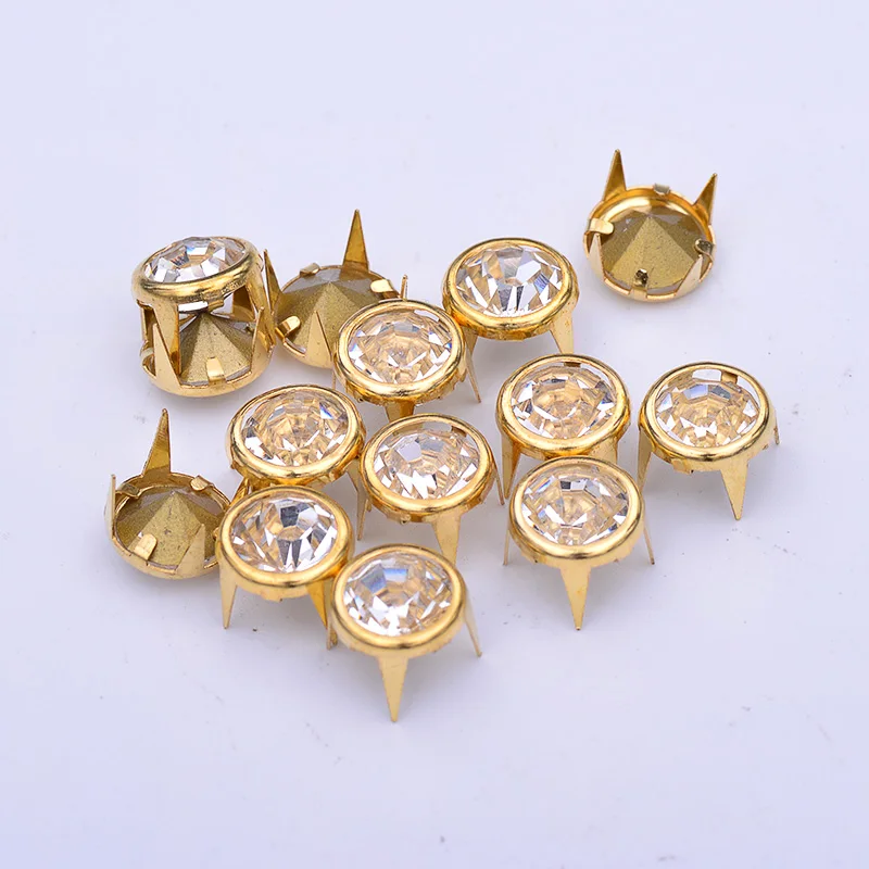 JUNAO 50pcs 10mm Gold Metal Studs Rivet Rhinestones  Rivet Glass Crystal Studs Spikes Decor Rivets for Leather Clothes Crafts