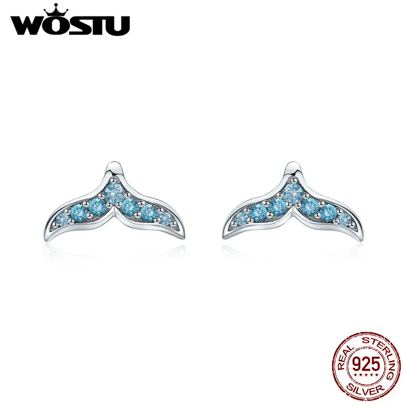 WOSTU Mermaid Tail Fishtail Stud Earrings 925 Sterling Silver Blue Zircon Tiny Earrings For Women Girls Lovely Jewelry FNE058