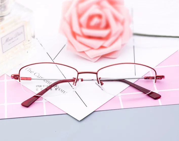 Red women metal optical half-frame fashion Myopia eyeglasses lenses from -0.50 to -8.00