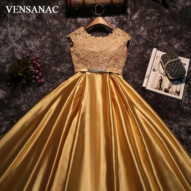 

VENSANAC 2018 O Neck Crystals Sash A Line Long Evening Dresses Lace Embroidery Party Bow Satin Backless Prom Gowns