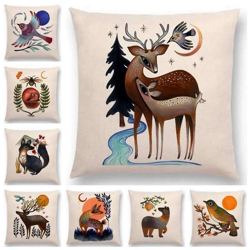 Retro Mystery Watercolor Art Totem Sofa Pillow Case Animals Deer Bear Bird Fish Fox Owl Snake Rabbit Heron Bee Cushion Cover