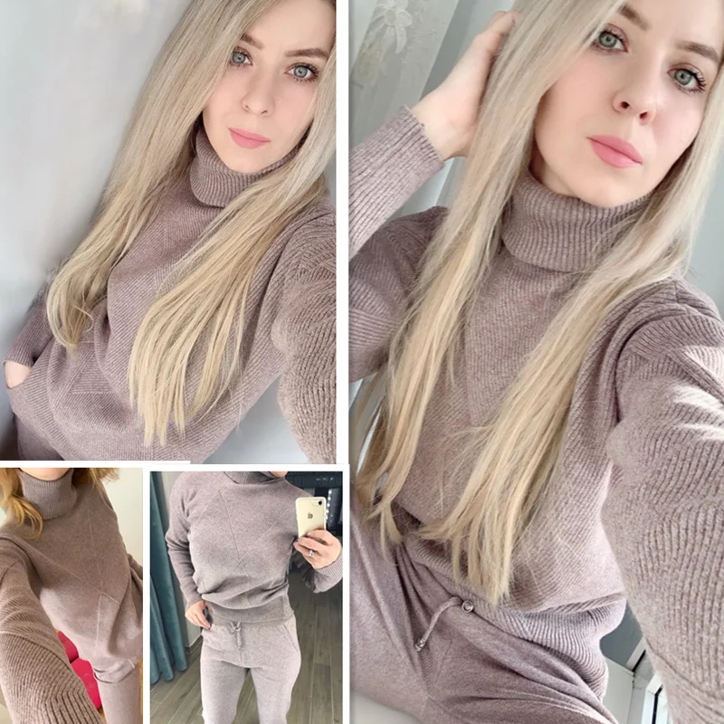 Autumn Winter Knitted Tracksuit Turtleneck Sweatshirts Casual Suit Women Clothing 2 Piece Set Knit Pant Sporting Suit Female