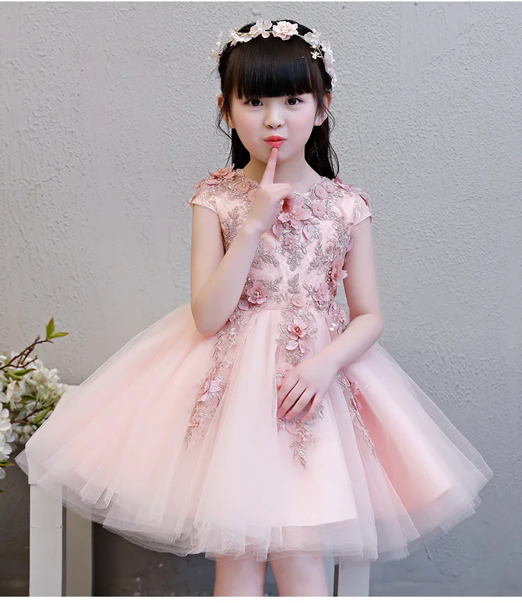 Elegant Pink Tulle Flower Girl Dress For Weddings Baby Baptism Party Pageant Princess Gown Bead Floral Kid First Communion Dress