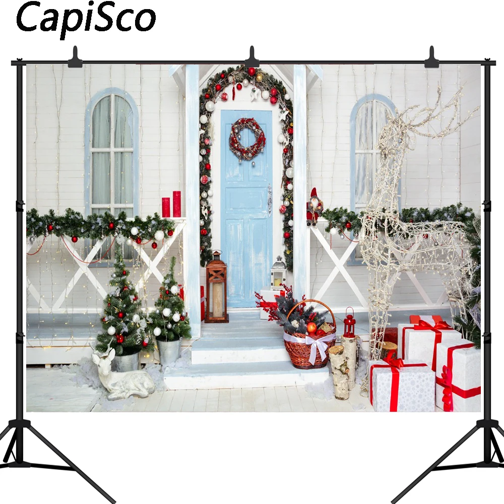 

Capisco Christmas photography backdrop tree new year blue door window Background steps photobooth photocall photo studio