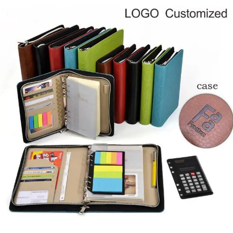 Yiwi Logo Customized Notebook A5 & A6 Business Binder Zipper Bag PU Leather Organizer Planner With Calculator or Memo Pads