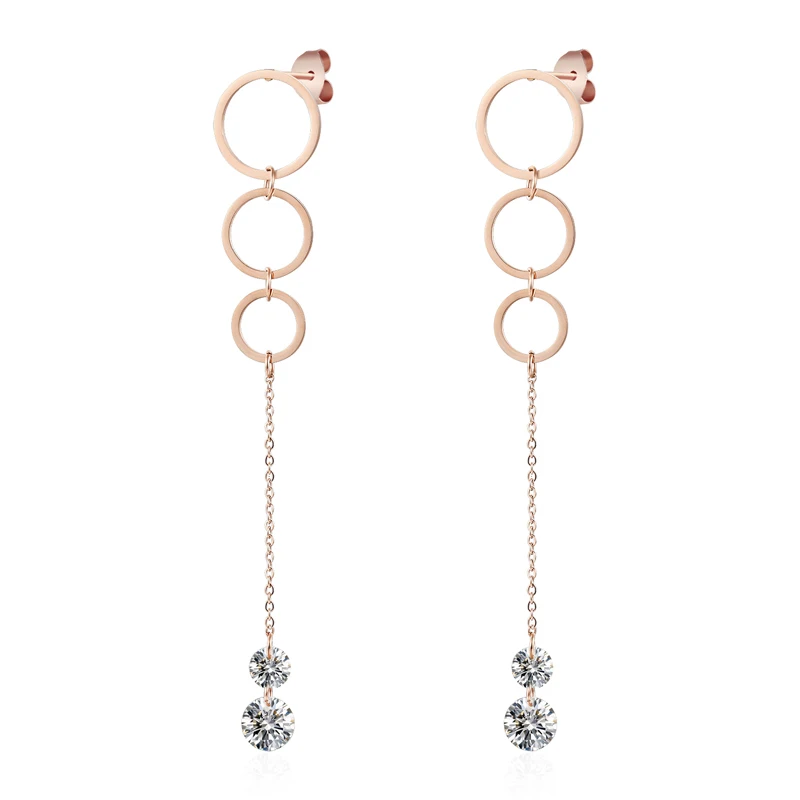 New Arrival Stainless Steel Beautiful Rose Gold Color Three Circles Two Zircon Long Drop Earrings Give Women And Girls Best Gift