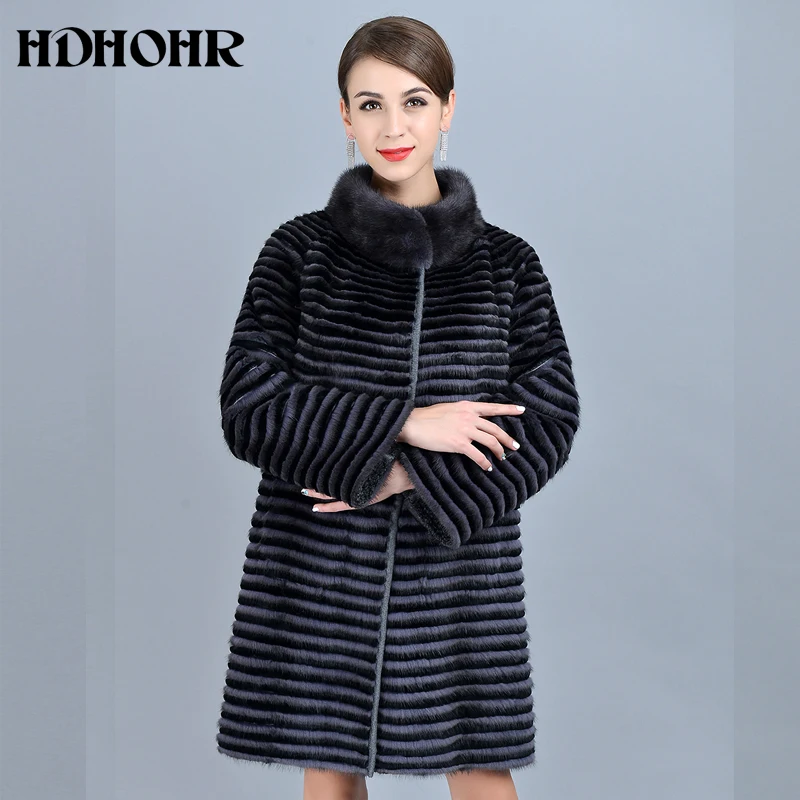 HDHOHR 2024 High Quality Knitted Mink Fur Coats Fashion Natural Mink Jacket Double Side Wear Winter Female Warm Genuine Fur Coat