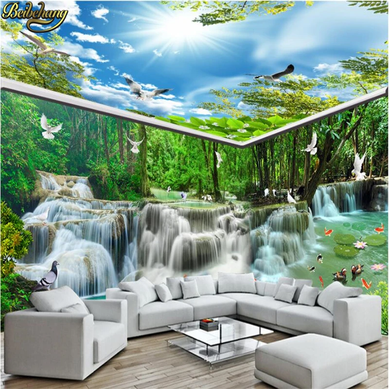 beibehang Custom Waterfall flowing forest Wallpaper for walls 3d Wall Paper Painting 3d photo Muarl Waterfall background wall