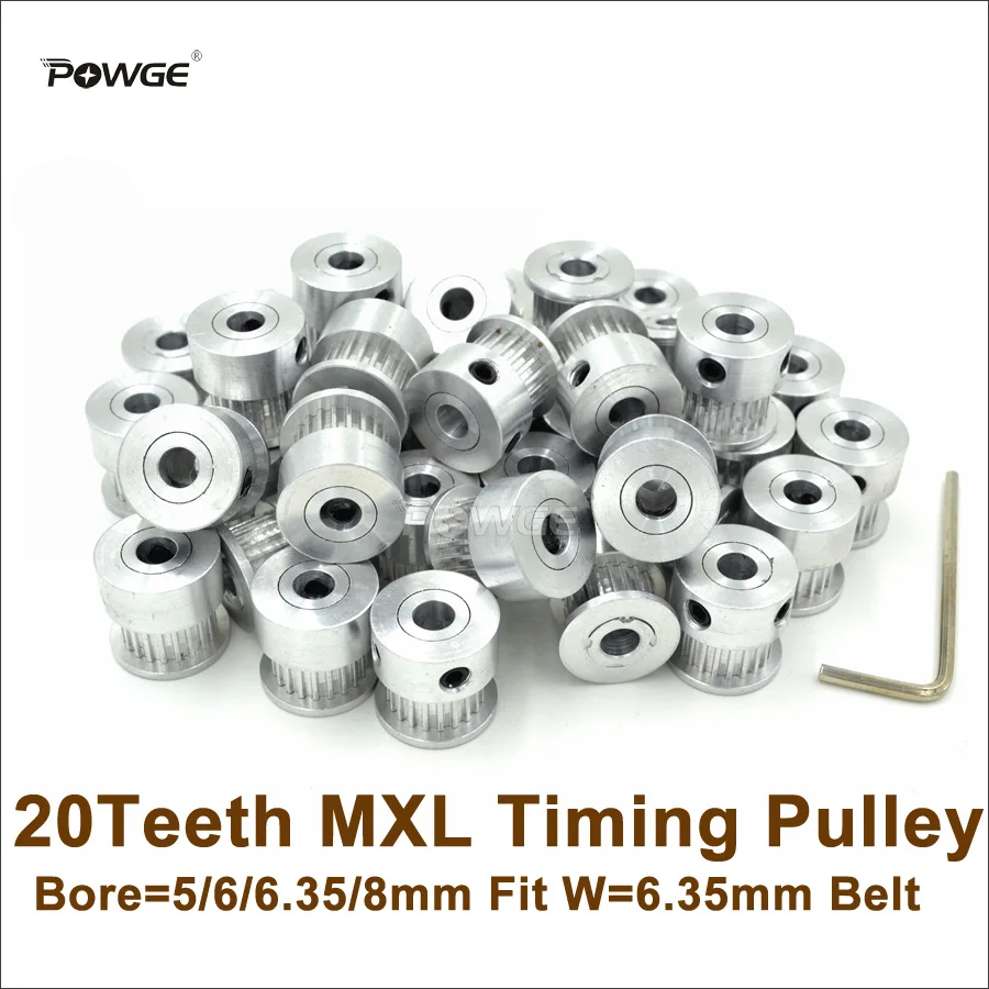 POWGE 50pcs 20 Teeth MXL Timing Pulley Bore 5/6/6.35/8mm Fit W=6.35mm MXL Belt 20T 20Teeth MXL Pulley 3D Printer DIY Ultimaker