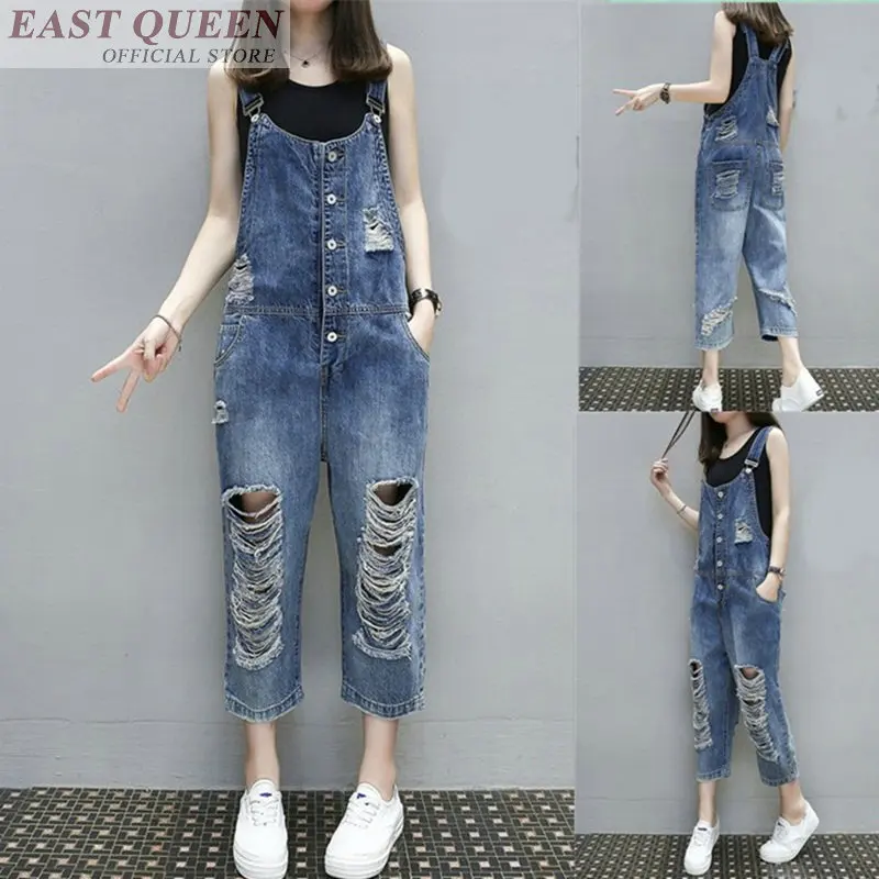 Jumpsuits women 2019 denim solid hole jeans overalls for women elegant loose chiffon ankle-length pants jumpsuit rompers DD570 L