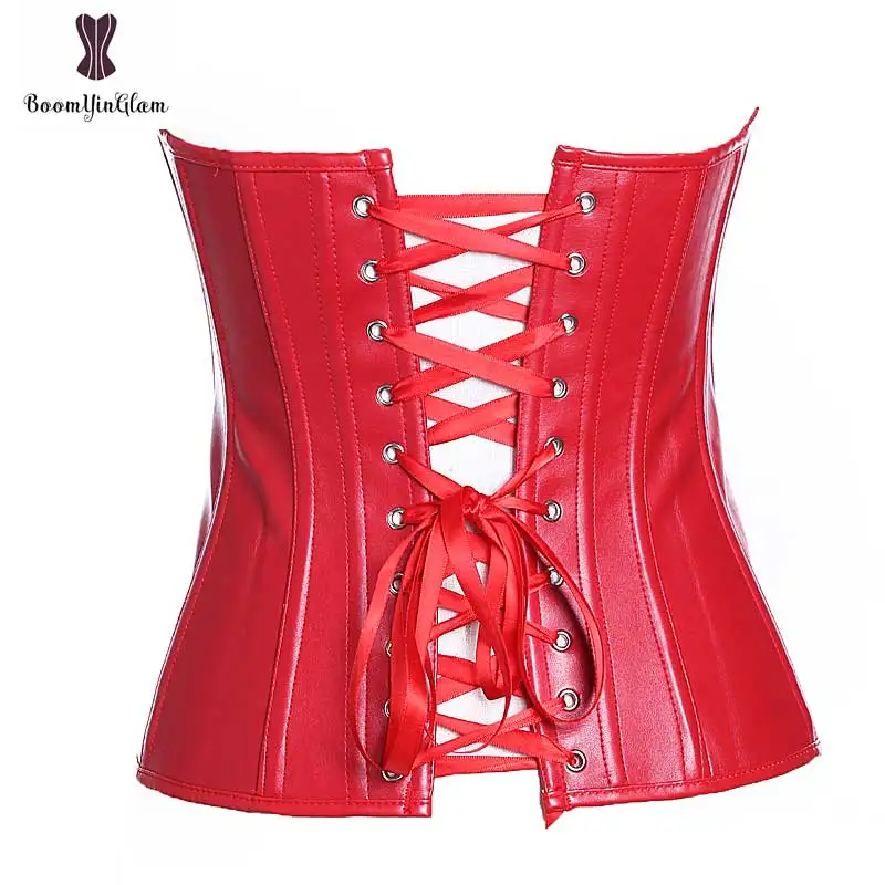 Black Leather Front Zipper Corset Red Color Optional Plus Size Overbust Hot Sexy Lingries Party Club Wear Corsets Busiters