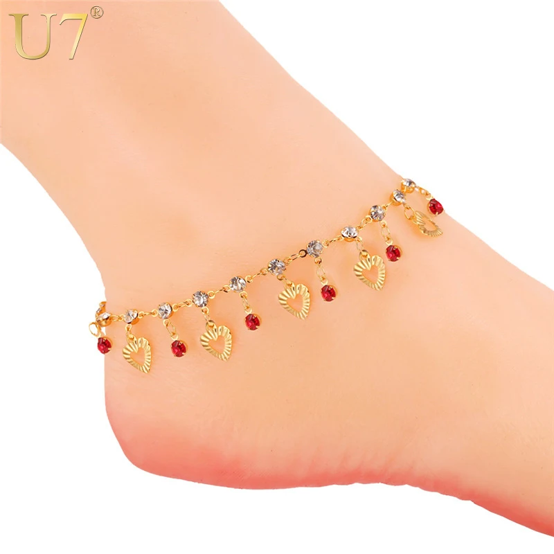 U7 Trendy Heart Anklet Summer Jewelry Gift Red Crystal Gold Color Ankle Foot Chain Bracelet For Women A301