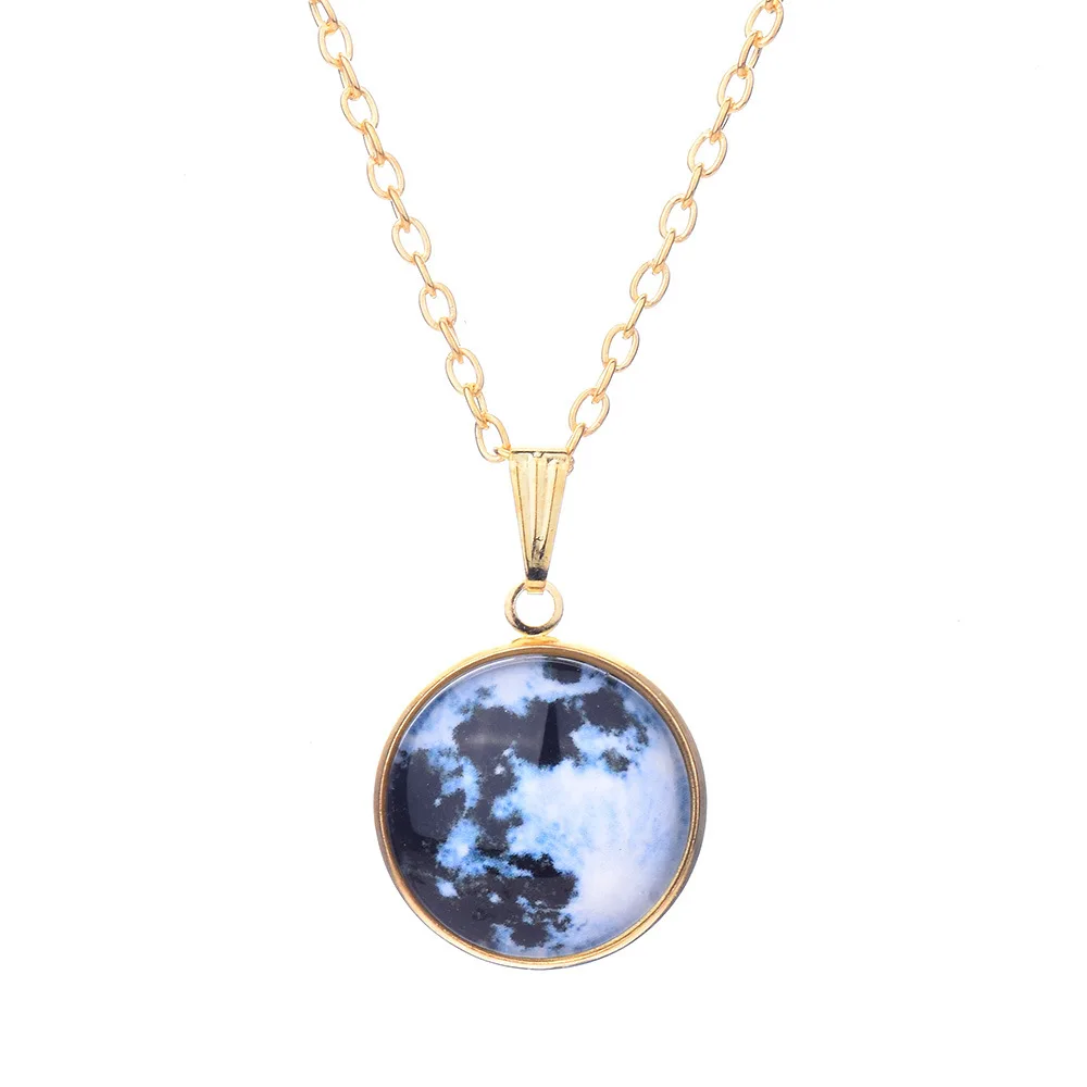 Hainon Glow In The Dark Moon 25mm Galaxy Planet Glass Pendant Necklace Gold Color Chain Luminous Jewelry Women Gifts