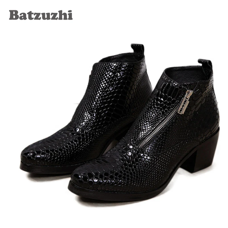 Batzuzhi Fashion British Style Men\'s Oxfords Boots 6.8CM Heels Black Men Boots Leather Round Toe Square High Heels Men, US6-12