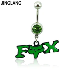 JINGLANG Body Jewelry Fashion Belly Button Rings Surgical Steel Barbells Dangle Green Enamel Letter Navel Piercing Jewelry