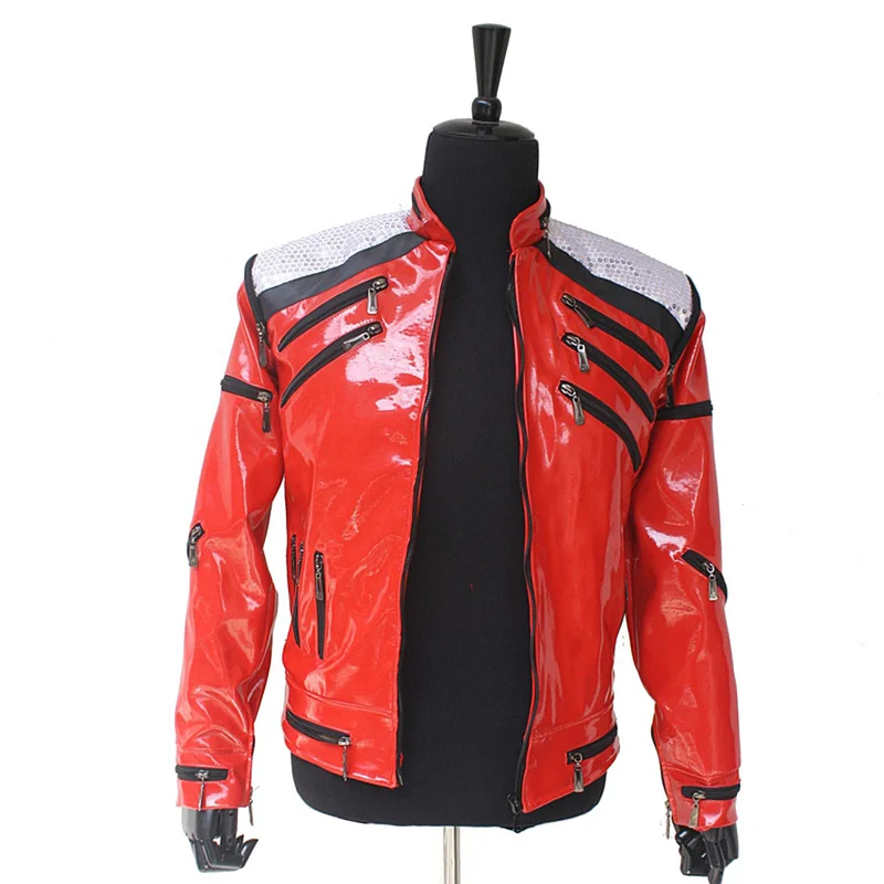Dance King Michael Jackson Beat It Light Red Leather Jacket in Punk Zippers Impersonator