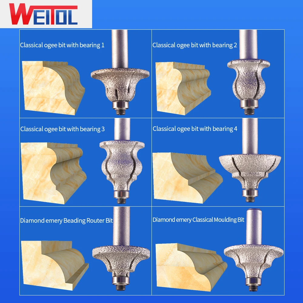 WeiTol 1 قطعة cnc الماس الصنفرة الكلاسيكية وغي بت مع تحمل يتوهم نمط الكوارتز حجر الرخام تقليم النقش بت للحجر