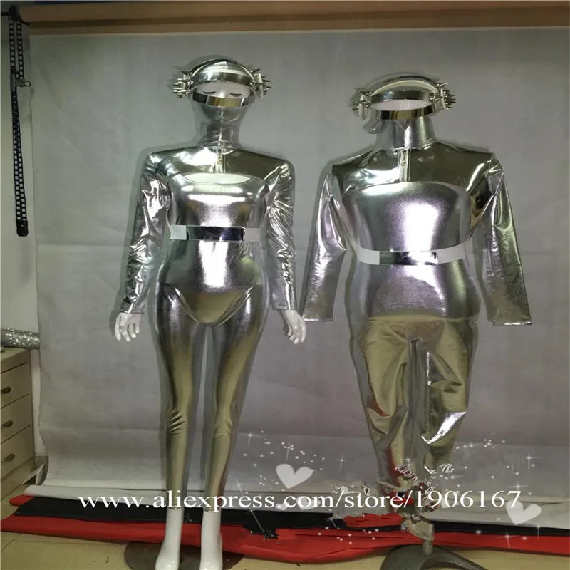 Nightclub Silver Color Coverall Costume DS DJ Dance Team Party Space Suit With Helmet Christmas Halloween Stage Performance Wear