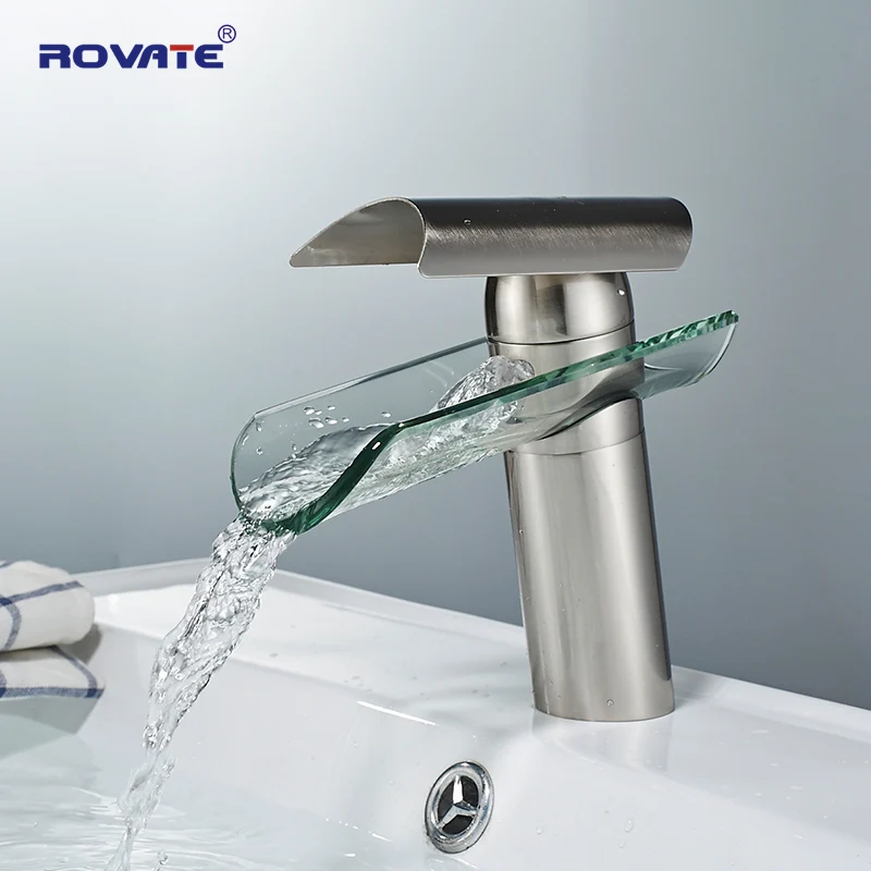 

ROVATE Single Handle Waterfall Lavatory Bathroom Faucet Glass Spout, Hot and Cold Mixer Grane Brass Brushed nickel